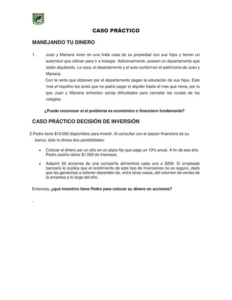 CASO Práctico Sistema Financiero CASO PRCTICO MANEJANDO TU DINERO