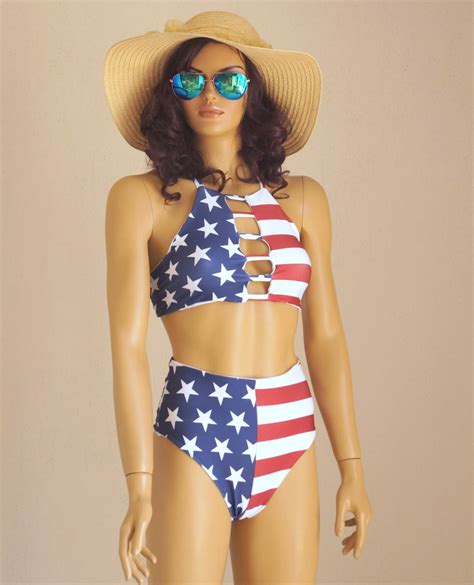 American Flag High Neck Halter Bikini Top High Waist Thong Etsy