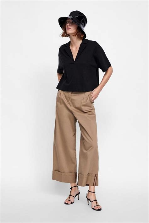 Polo T Shirts Zara Women Garb Asymmetric Hem Poplin Khaki Pants