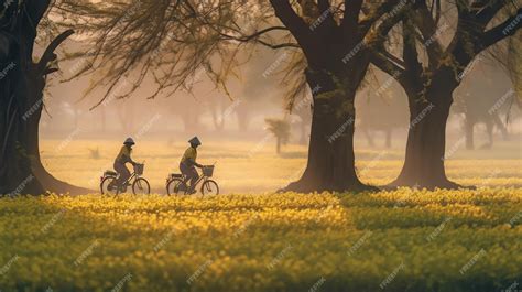 Premium Photo Two People Riding Bikes In A Field With Trees In The