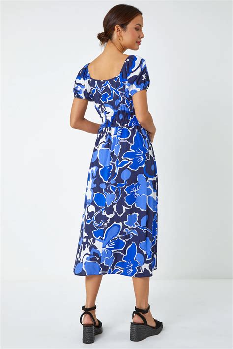 Floral Print Puff Sleeve Midi Dress In Royal Blue Roman Originals Uk