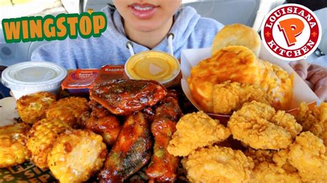 ASMR EATING WINGSTOP WINGS POPEYES FRIED CHICKEN NUGGETS MAC N CHEESE