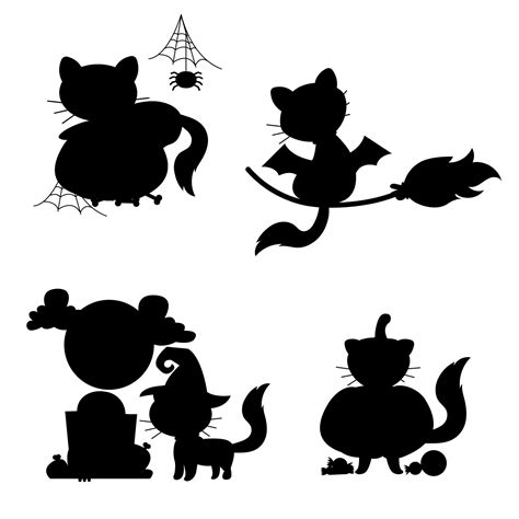 Hand Drawn Silhouette Character Halloween Cat Cat In Different Poses