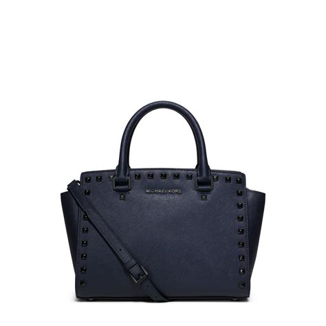 Lyst Michael Kors Selma Medium Studded Leather Satchel In Blue