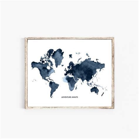 World Map Print Navy Blue World Map World Map World Map Wall Art