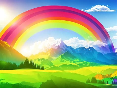 Increíble vista de paisajes de montaña con arco iris en la ilustración