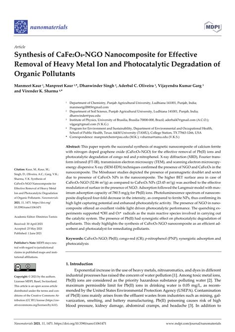 Pdf Synthesis Of Cafe2o4 Ngo Nanocomposite For Effective Removal Of