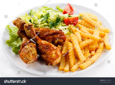 Grilled Chicken Drumstick French Fries Vegetables Stock Photo 66153934