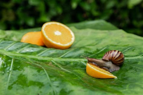 Naranjas Reci N Cortadas Sobre Una Hoja Verde Y Un Caracol Achatina Con