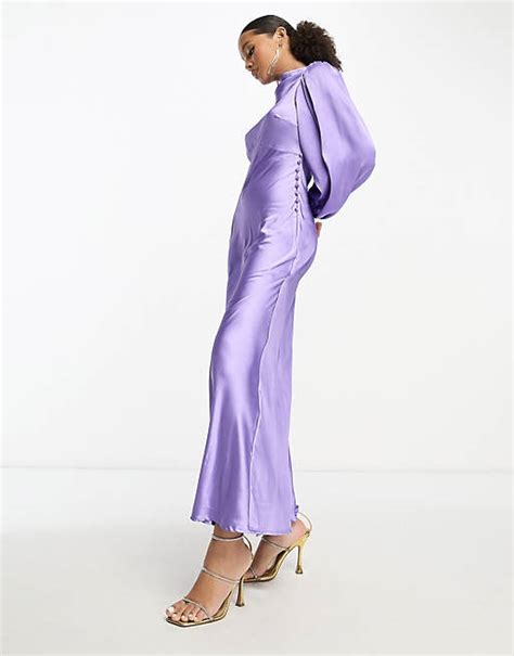 Asos Design High Neck Maxi Satin Tea Dress In Dark Purple Asos