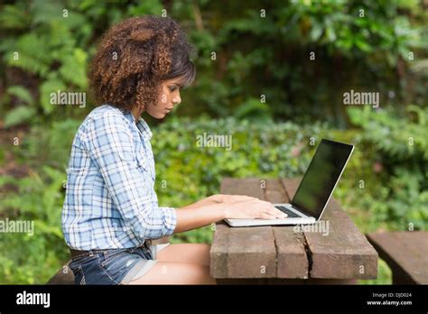 Gorgeous Calm Brunette Sitting At Picnic Table With Laptop Stock Photo