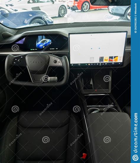 Vertical Shot of the Dashboard of a Tesla Model S Plaid. Steering Yoke ...