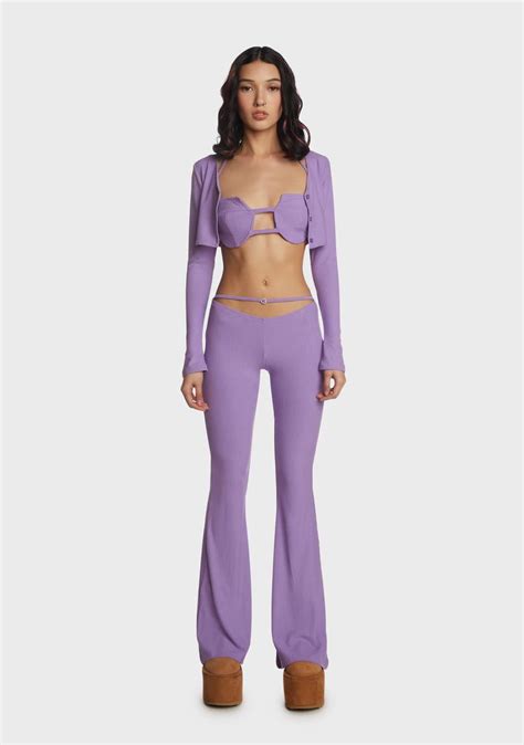 Knit Ribbed Bra Top Cardigan Pant Set Purple Dolls Kill