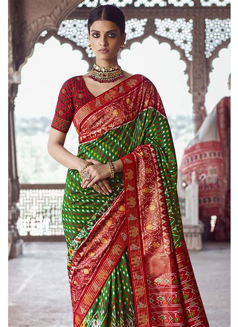 Buy Green N Red Viscose Silk Digital Patola Print Saree Digital Print