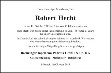 Traueranzeigen Von Robert Hecht Schwaebische De Trauerportal