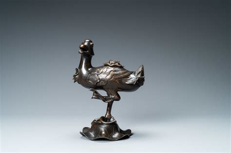 A Chinese Bronze Mandarin Duck On Lotus Censer Ming Rob Michiels