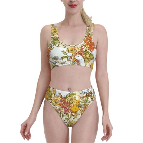 Adobk Ducks And Flowers Print Women High Waisted Bikini Set Sports