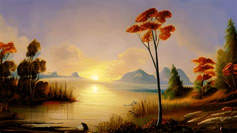 Beautiful Lake Landscape With Flowers And Sunset Painting Creative