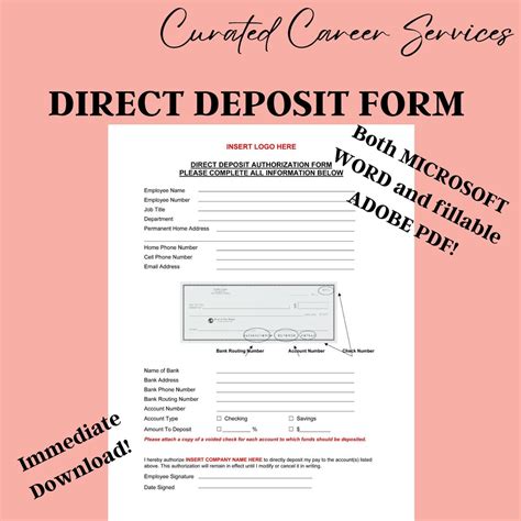 Direct Deposit Form Payroll Deposit Template New Hire Onboarding Paperwork Paycheck Pay Check