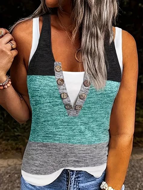 Casual Tank Top Plus Size Women S Plus Colorblock Button Temu Canada