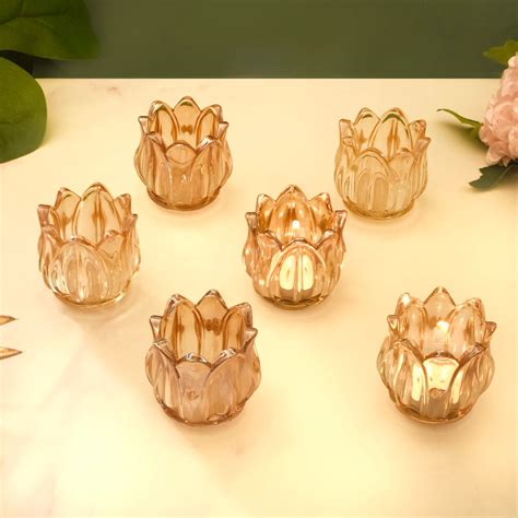 Tulip Glass Tea Light Candle Holder Amber Set Of 6 Online Premium Candle Holder Nestasia