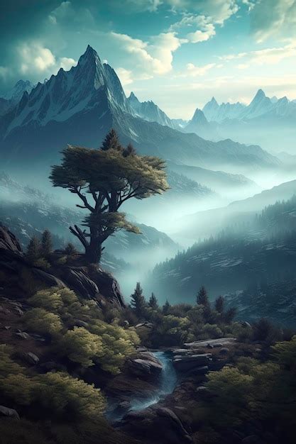 Premium Ai Image Dramatic Mountain Range Tree Vegetation Clouds Style