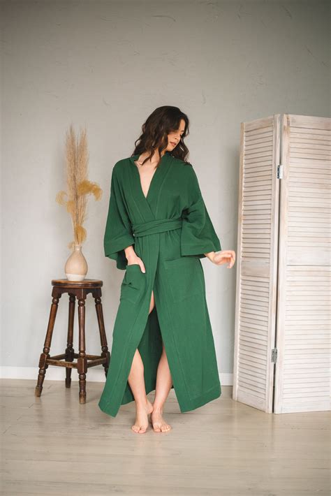 Plus Size Kimono Long Kimono Robe Handmade Bride Natural Green Muslin