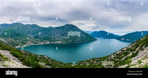 Montenegro Xxl Panorama View Over Risan Town In Kotor Bay At Waterside