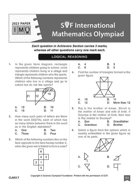 International Mathematics Olympiad Imo Workbook For Class 7 Mcqs