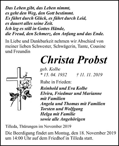 Traueranzeigen Von Christa Probst Abschied Nehmen De