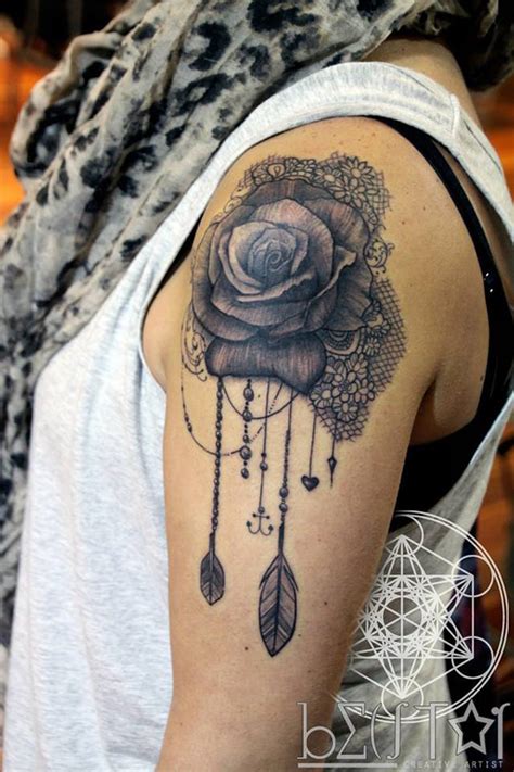 Rose Lace And Feathers Tattoo