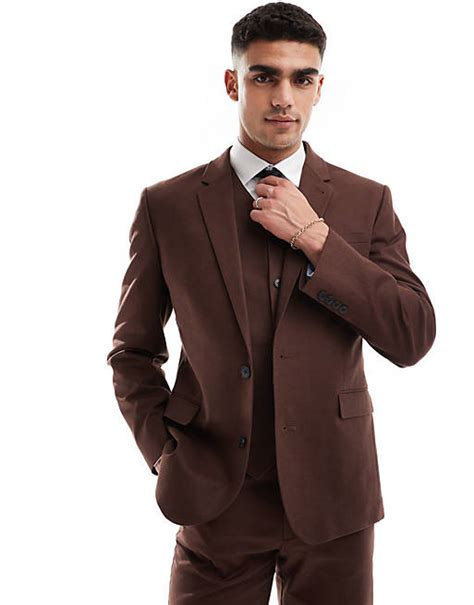 Asos Design Super Skinny Suit Jacket With Linen In Brown Asos