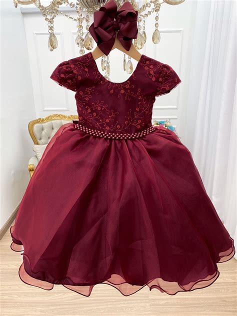 Vestido Infantil Marsala Renda E Voal Luxo Cinto De P Rolas Rosa