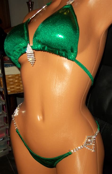 Style Kelly Green Metallic Competition Bikini With Rhinestone