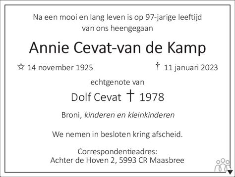 Annie Cevat Van De Kamp 11 01 2023 Overlijdensbericht En Condoleances