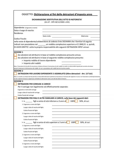 Dichiarazione Ai Fini Delle Detrazioni D Imposta Anno Provincia