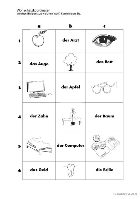 Wort Bild Zuordnung allgemeine Deutsch DAF Arbeitsblätter pdf doc