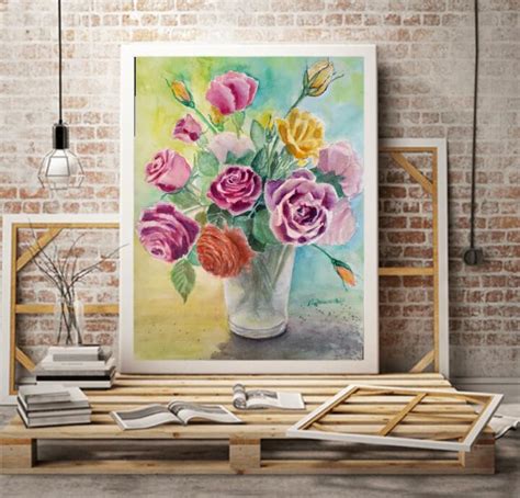 Colorful Roses Original Watercolor Painting Red Yellow Pink Flowers