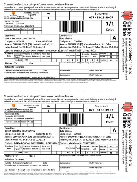 Awb Colete Online 02062021 Cargus 938969758 A4 Pdf