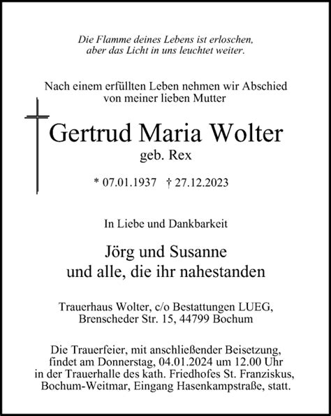 Traueranzeigen Von Gertrud Maria Wolter Trauer In Nrw De