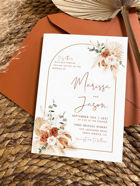 Leyla Boho Wedding Invitation Template Burnt Orange Wedding Etsy