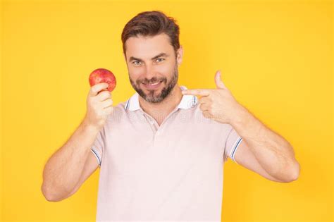 Middle Aged Happy Smiling Man Bitting Apple Healthy Lifestyle Man