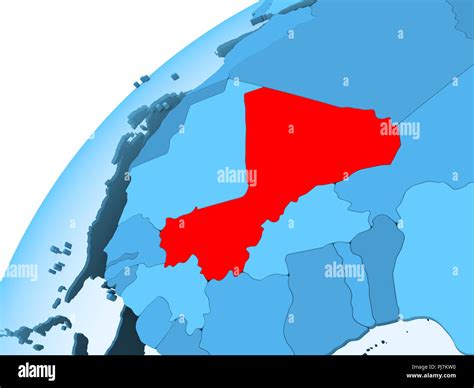 Mali In Red On Blue Model Of Political Globe With Transparent Oceans