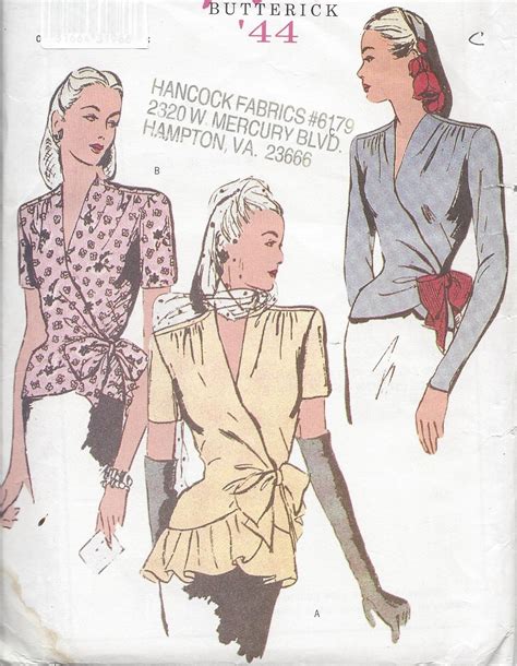 1944 Vintage Sewing Pattern B34 36 38in WRAP AROUND BLOUSE R813 By