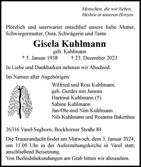 Traueranzeigen Von Gisela Kuhlmann Nordwest Trauer De