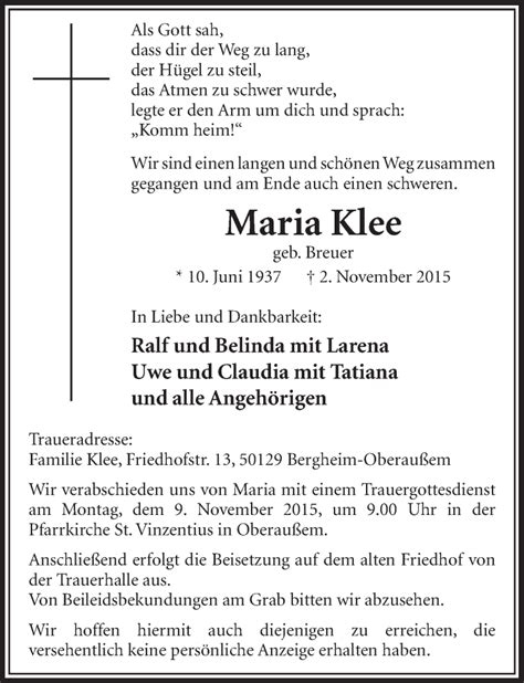 Traueranzeigen Von Maria Klee WirTrauern