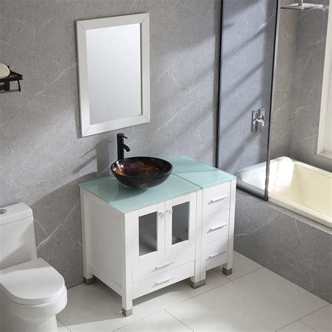 Buy Wonline 36 White Wood Bathroom Vanity Cabinet White Round Tempered Glass Vessel Sink Bowl