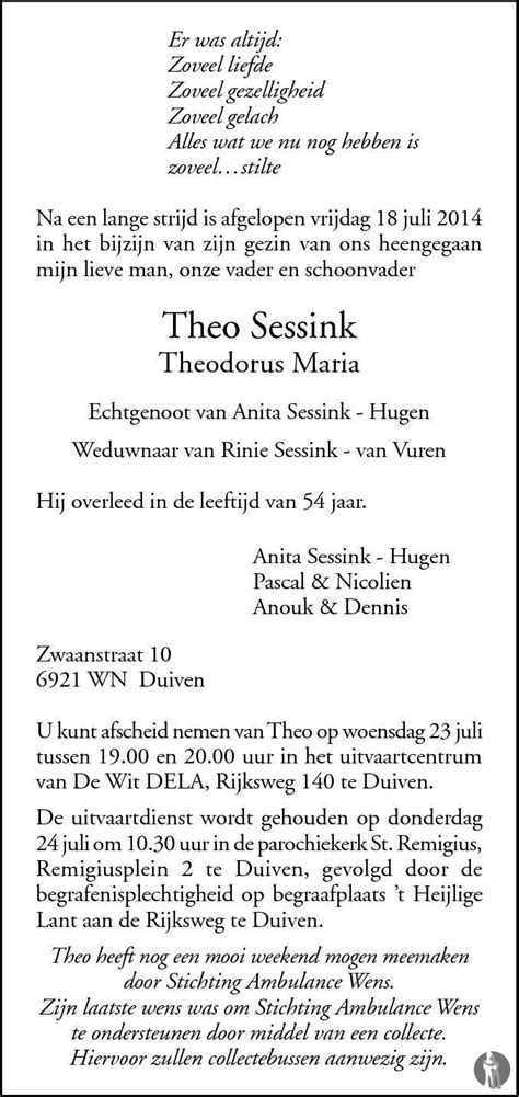 Theodorus Maria Theo Sessink Overlijdensbericht En