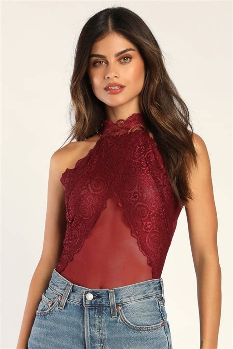 Sexy Burgundy Bodysuit Sheer Lace Bodysuit Sleeveless Top Lulus