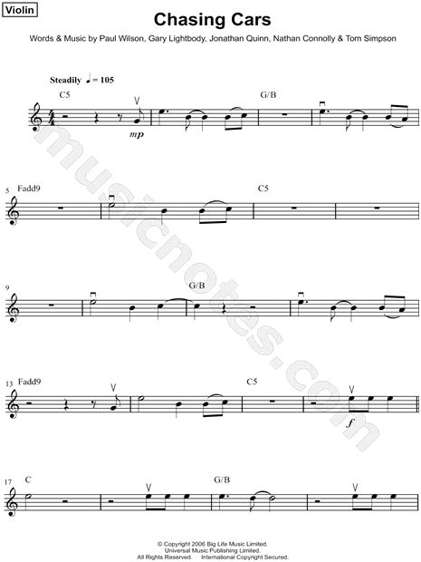 Snow Patrol Chasing Cars Sheet Music Violin Solo In C Major